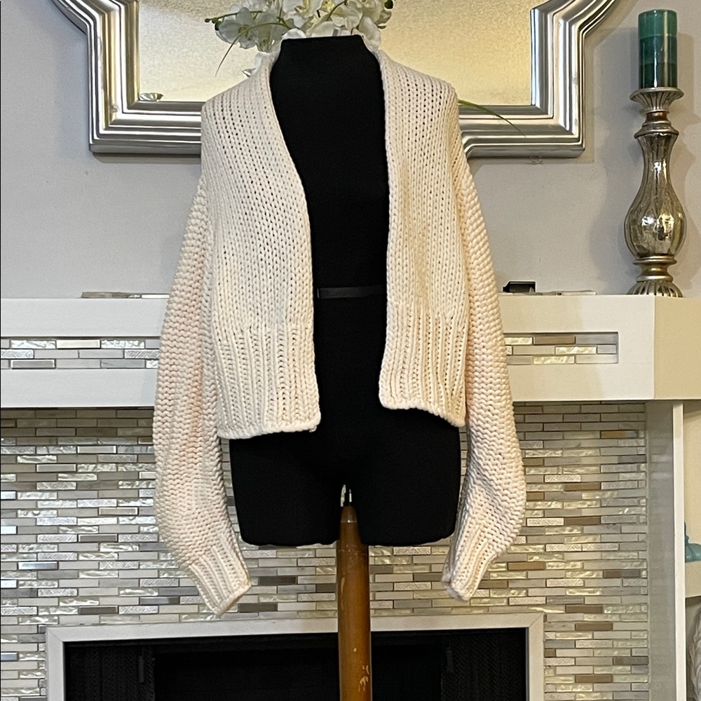 Free People Cream Open-Knit Cardigan boxy slub cotton size S - Picture 2 of 6